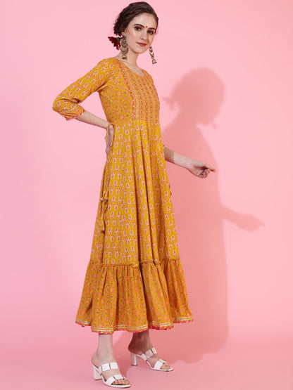 Rayon Ankle Length Length Printed Flared 3/4 Sleeves Round Neck