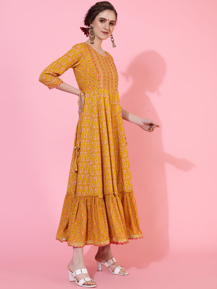 Rayon Ankle Length Length Printed Flared 3/4 Sleeves Round Neck