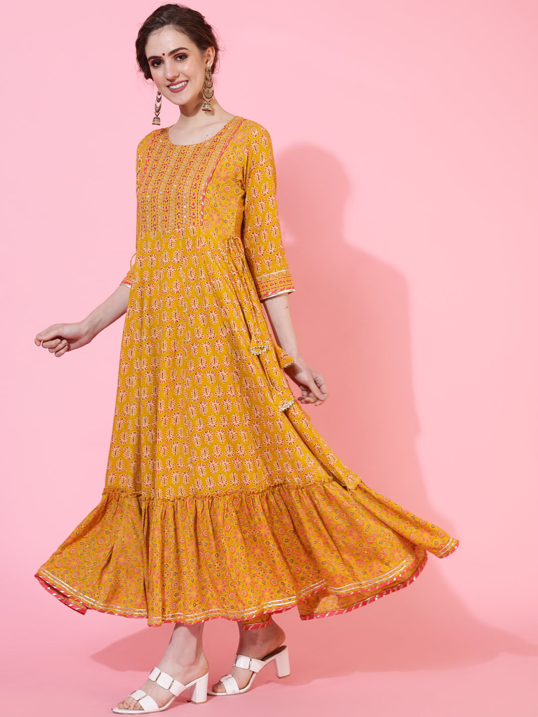 Rayon Ankle Length Length Printed Flared 3/4 Sleeves Round Neck