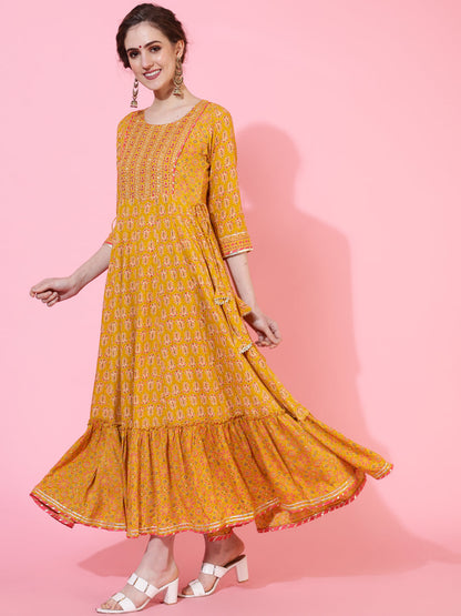 Rayon Ankle Length Length Printed Flared 3/4 Sleeves Round Neck