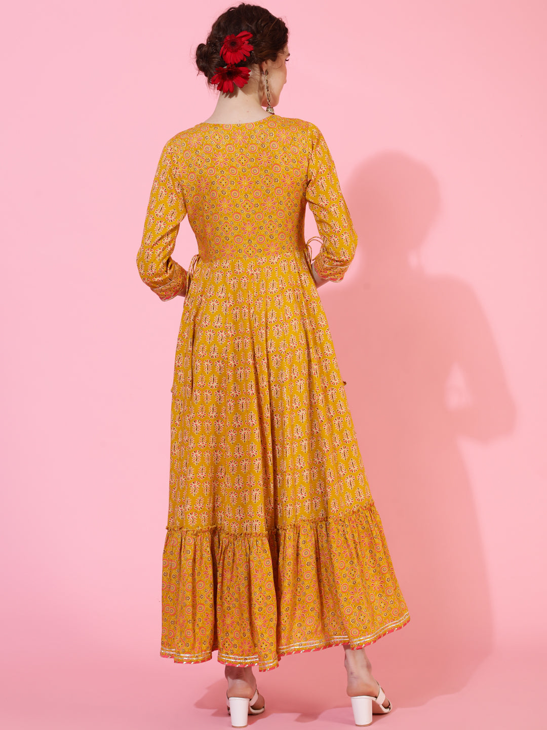 Rayon Ankle Length Length Printed Flared 3/4 Sleeves Round Neck
