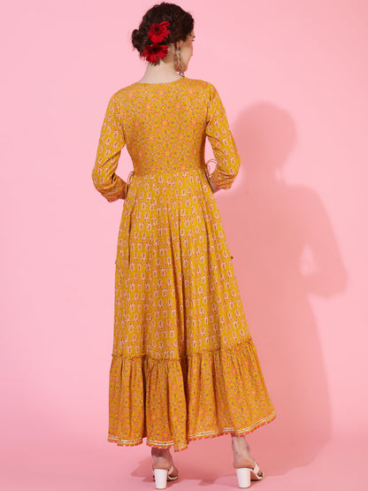 Rayon Ankle Length Length Printed Flared 3/4 Sleeves Round Neck