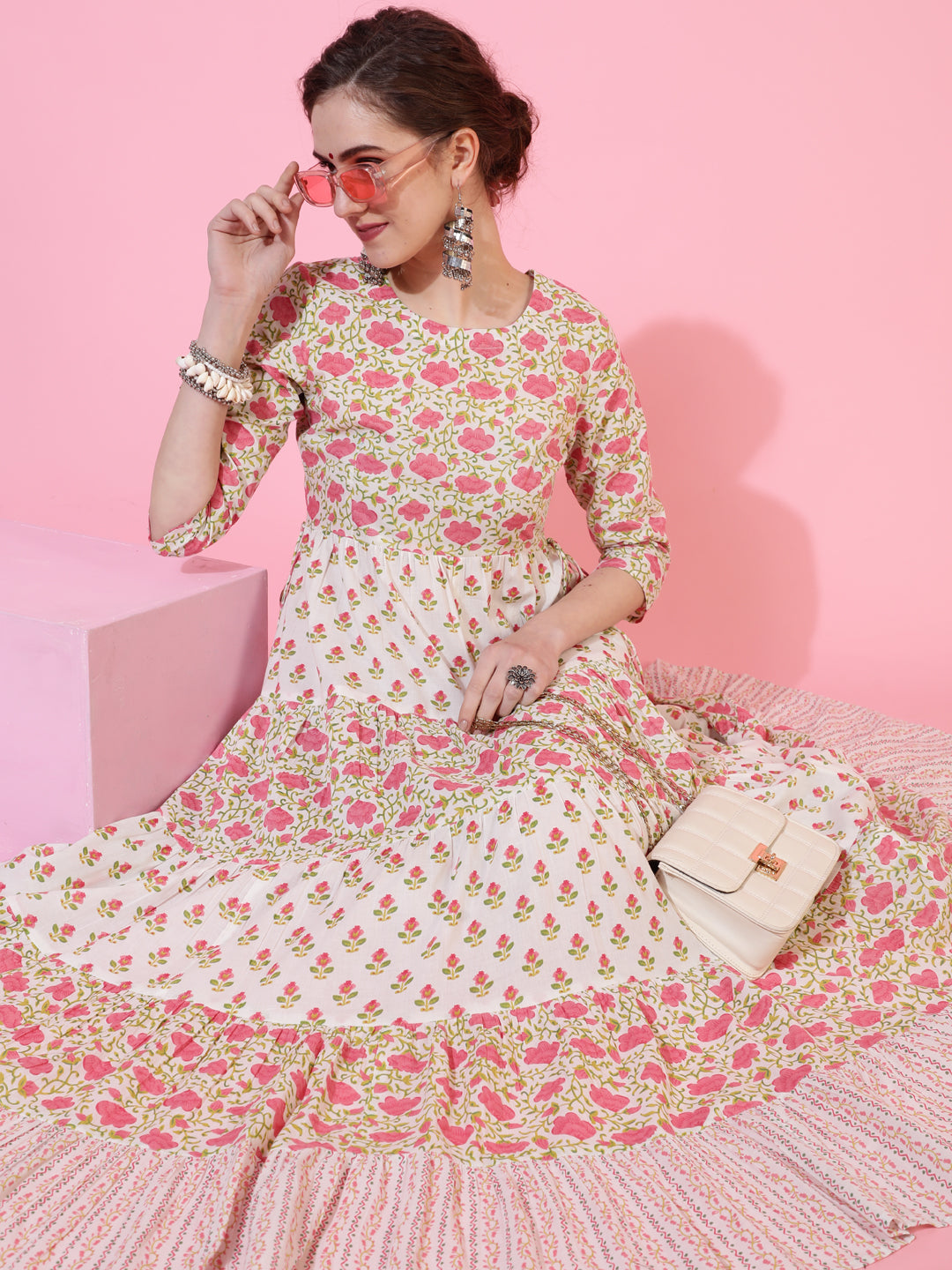Cotton Calf Length Printed Flared 3/4 Sleeves Round Neck