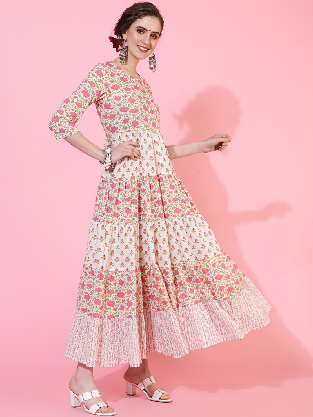 Cotton Calf Length Printed Flared 3/4 Sleeves Round Neck