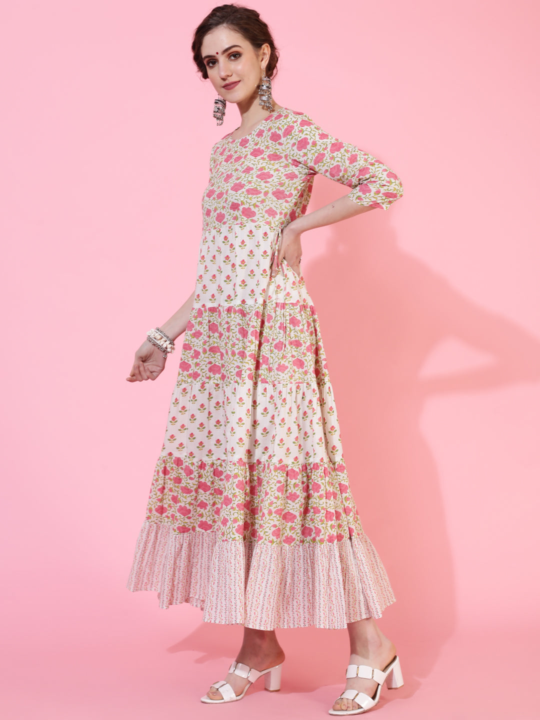 Cotton Calf Length Printed Flared 3/4 Sleeves Round Neck