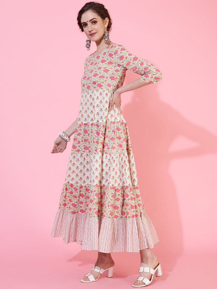 Cotton Calf Length Printed Flared 3/4 Sleeves Round Neck