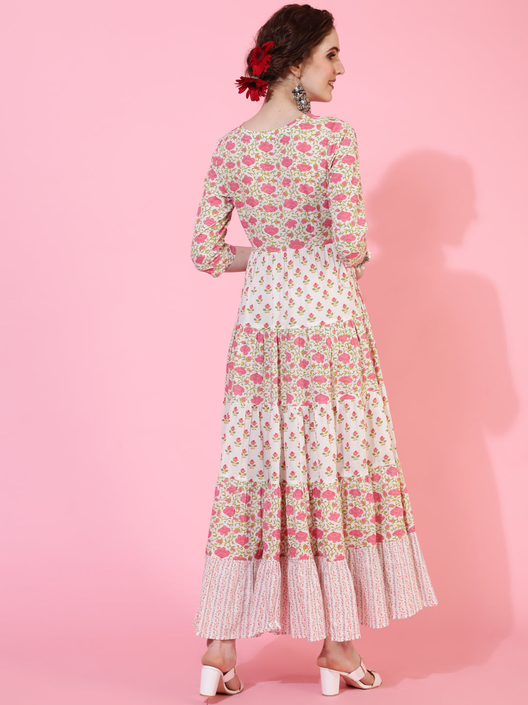 Cotton Calf Length Printed Flared 3/4 Sleeves Round Neck