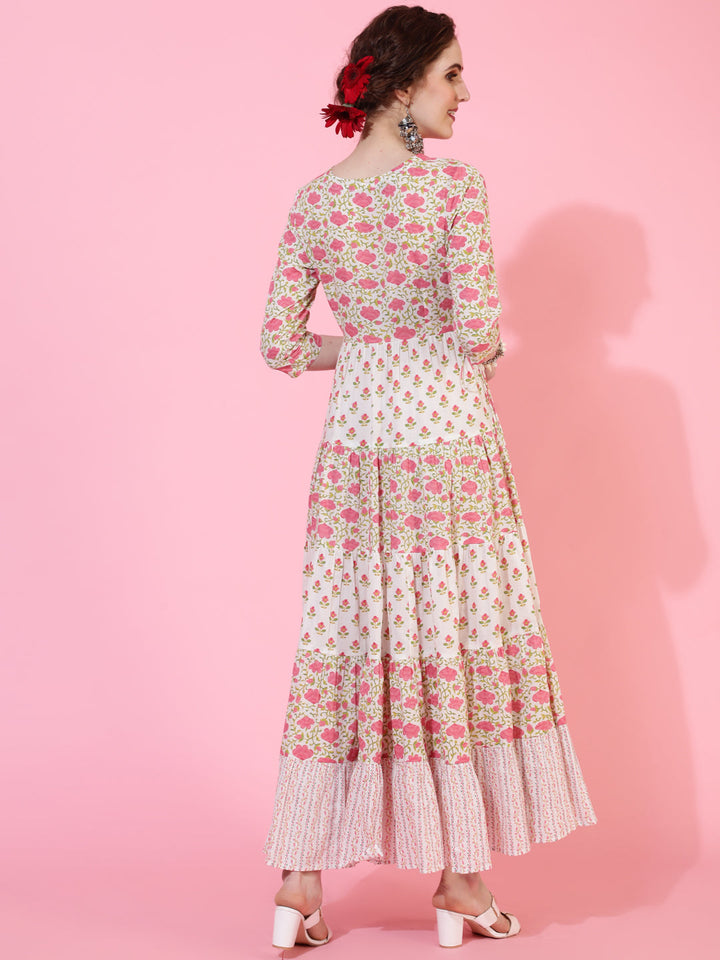 Cotton Calf Length Printed Flared 3/4 Sleeves Round Neck