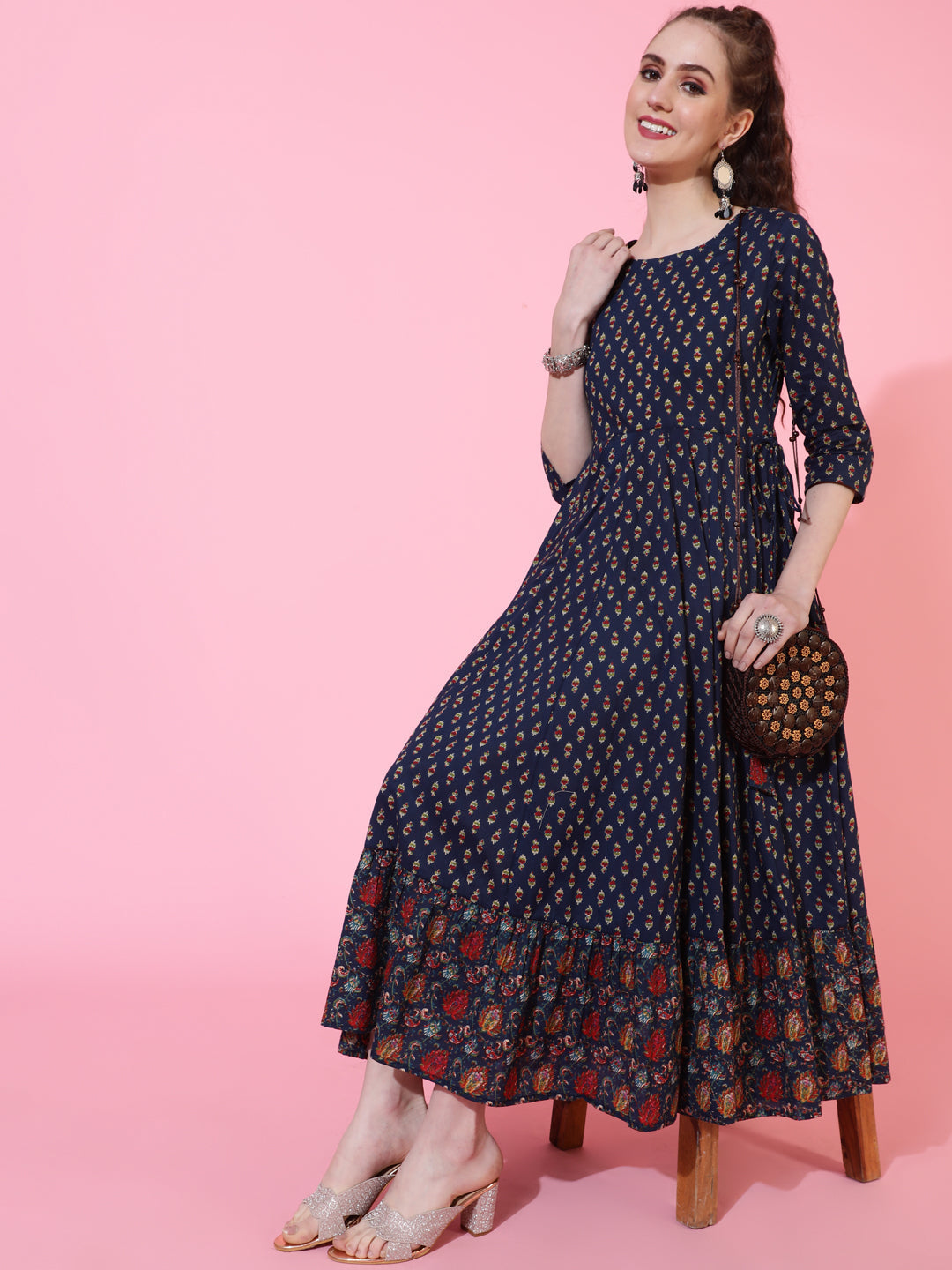 Cotton Calf Printed Flared 3/4 Sleeve Round Neck Kurta