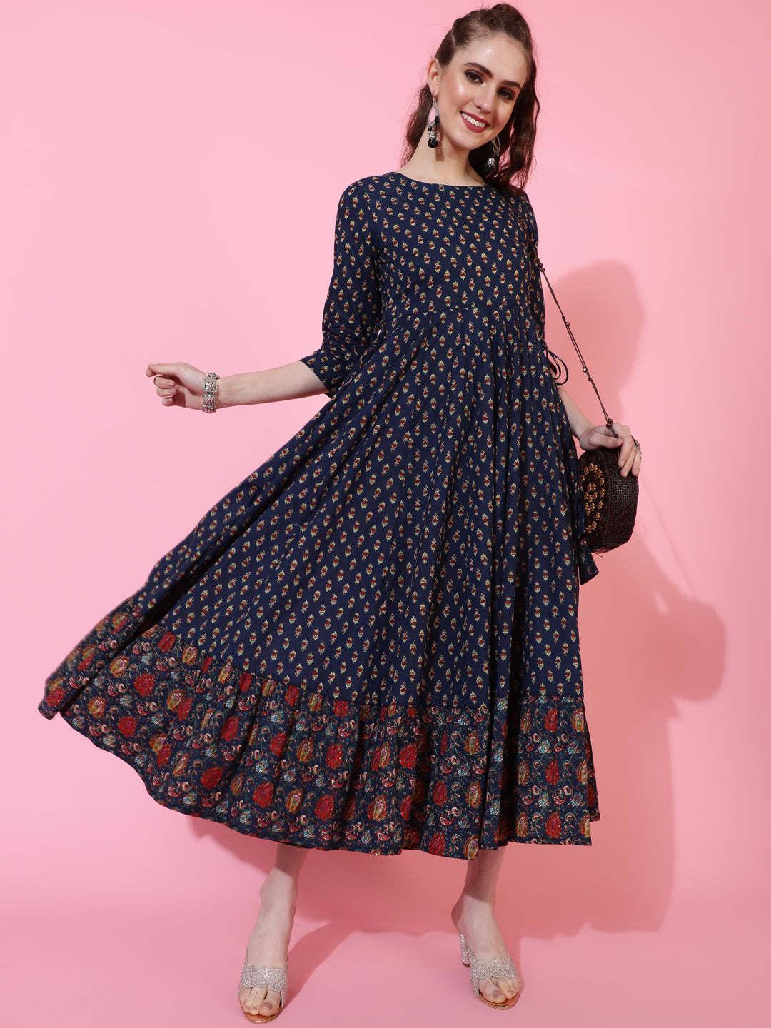 Cotton Calf Printed Flared 3/4 Sleeve Round Neck Kurta