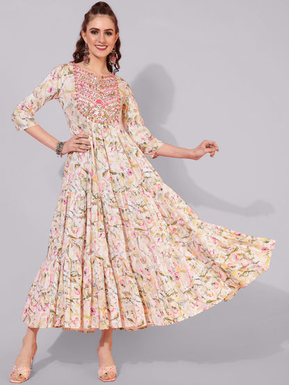 Rayon Calf Printed Flared 3/4 Sleeve Round Neck Kurta