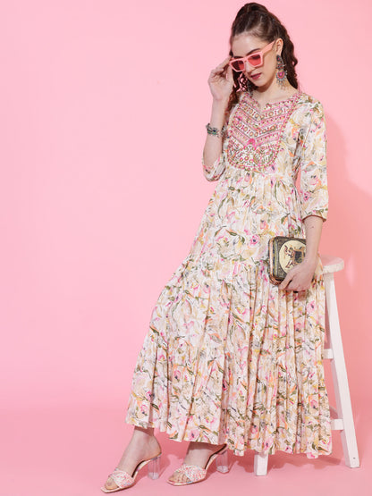 Rayon Calf Printed Flared 3/4 Sleeve Round Neck Kurta