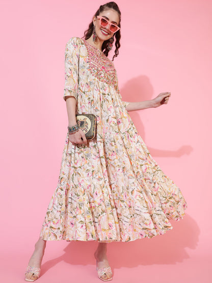 Rayon Calf Printed Flared 3/4 Sleeve Round Neck Kurta