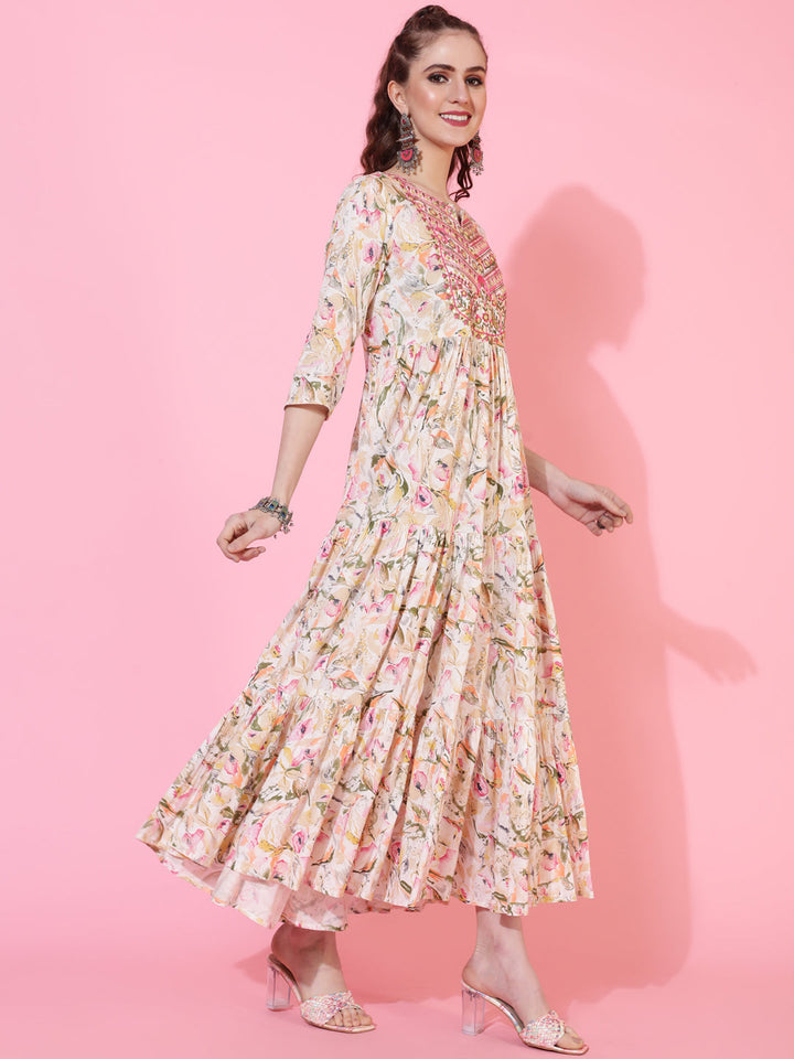 Rayon Calf Printed Flared 3/4 Sleeve Round Neck Kurta