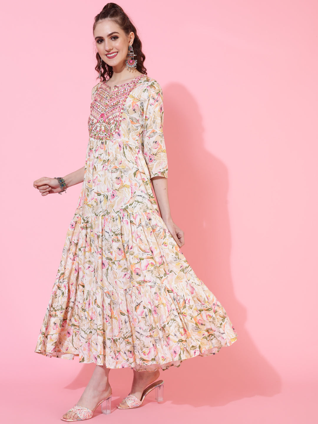 Rayon Calf Printed Flared 3/4 Sleeve Round Neck Kurta