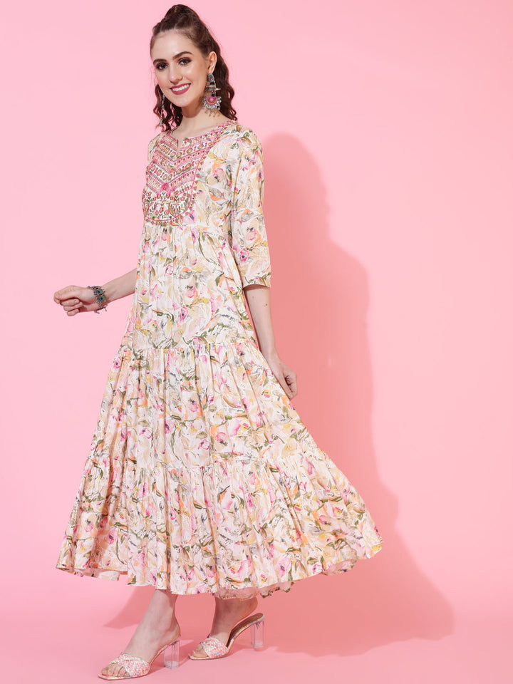 Rayon Calf Printed Flared 3/4 Sleeve Round Neck Kurta