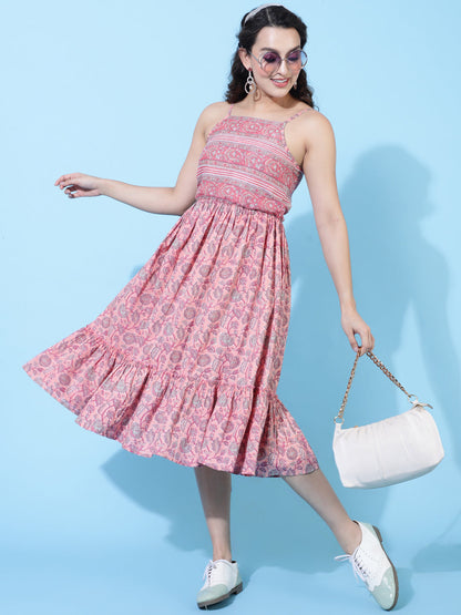 Cotton Knee Length Printed Flared Strappy Sleeves Square Neck Dress