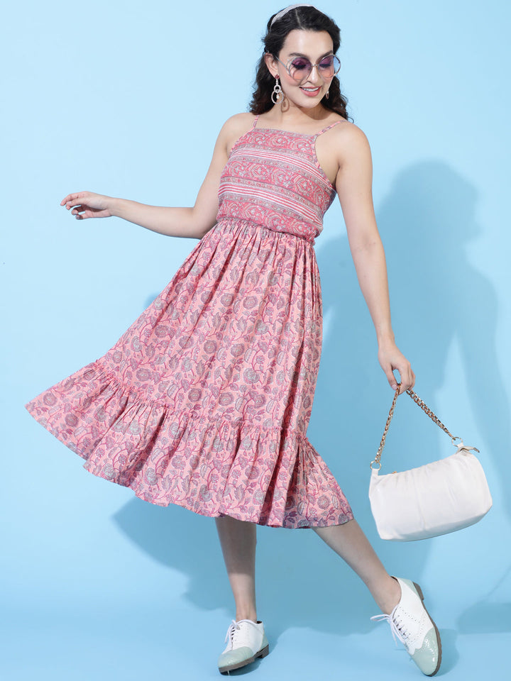 Cotton Knee Length Printed Flared Strappy Sleeves Square Neck Dress