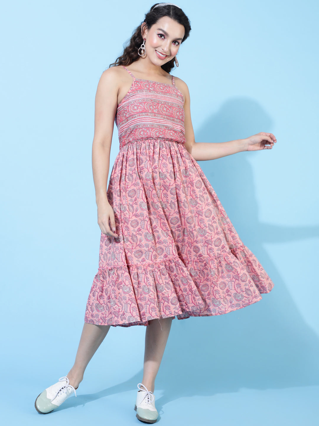 Cotton Knee Length Printed Flared Strappy Sleeves Square Neck Dress