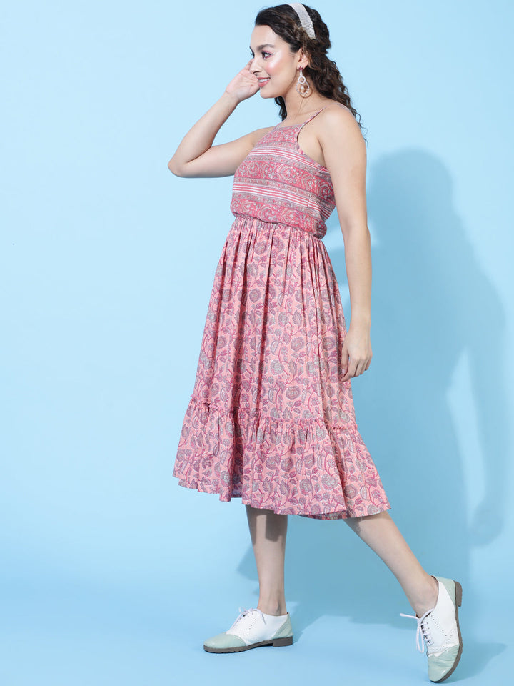 Cotton Knee Length Printed Flared Strappy Sleeves Square Neck Dress