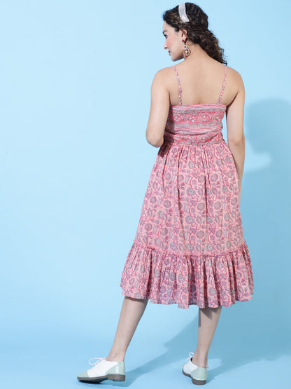 Cotton Knee Length Printed Flared Strappy Sleeves Square Neck Dress