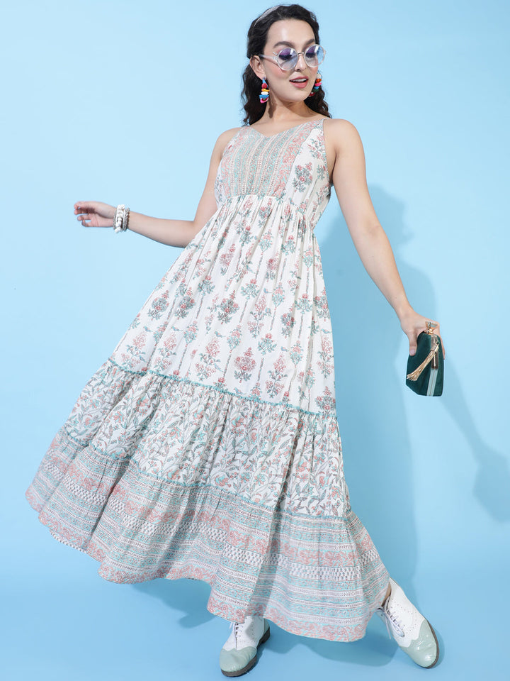 Cotton Ankle Length Printed Flared Strappy Sleeves V-Neck Dress