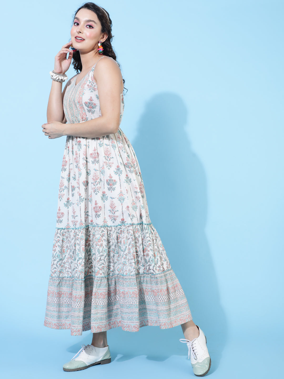 Cotton Ankle Length Printed Flared Strappy Sleeves V-Neck Dress