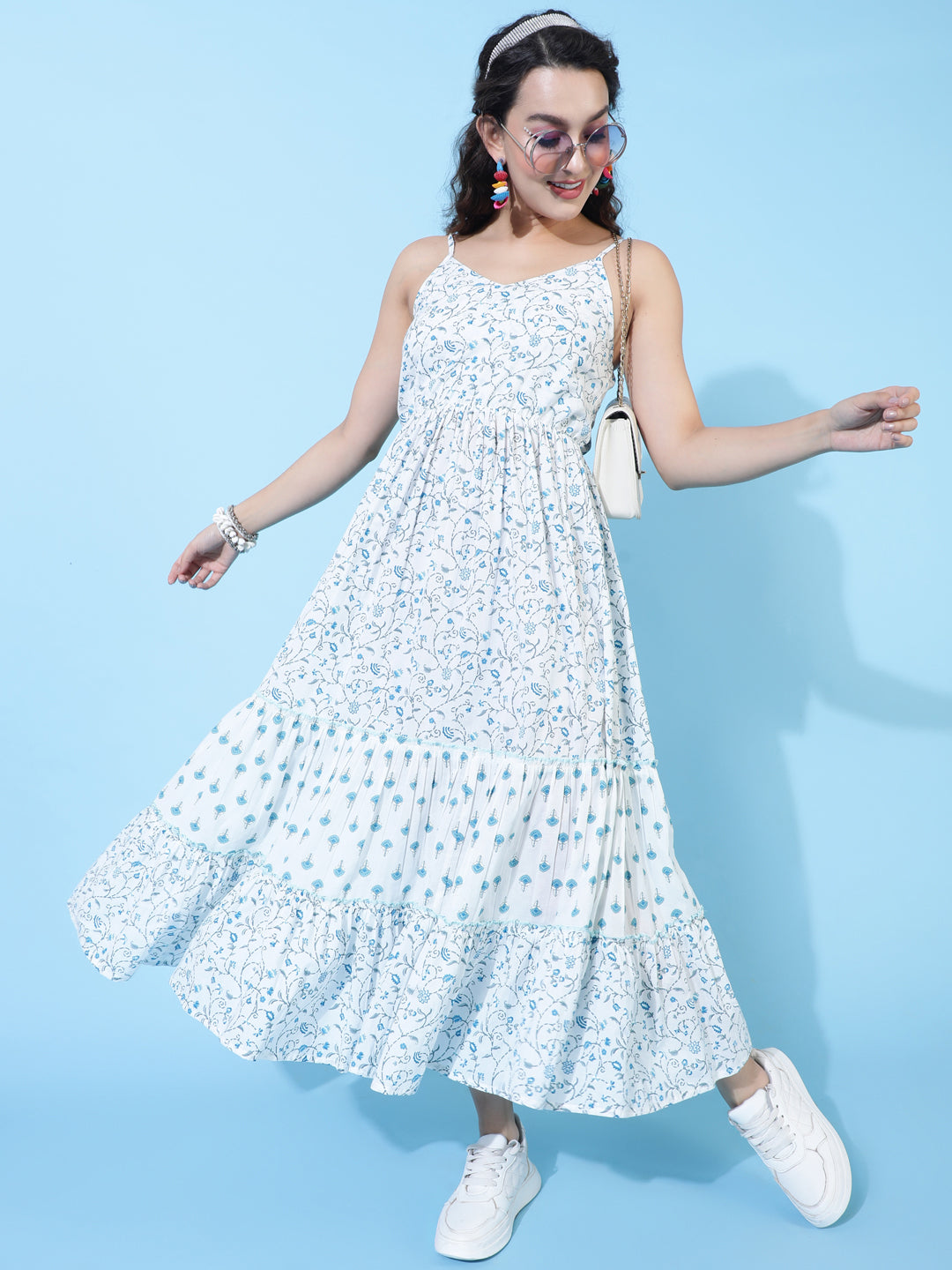 Cotton Calf Length Printed Flared Strappy Sleeves V-Neck Dress