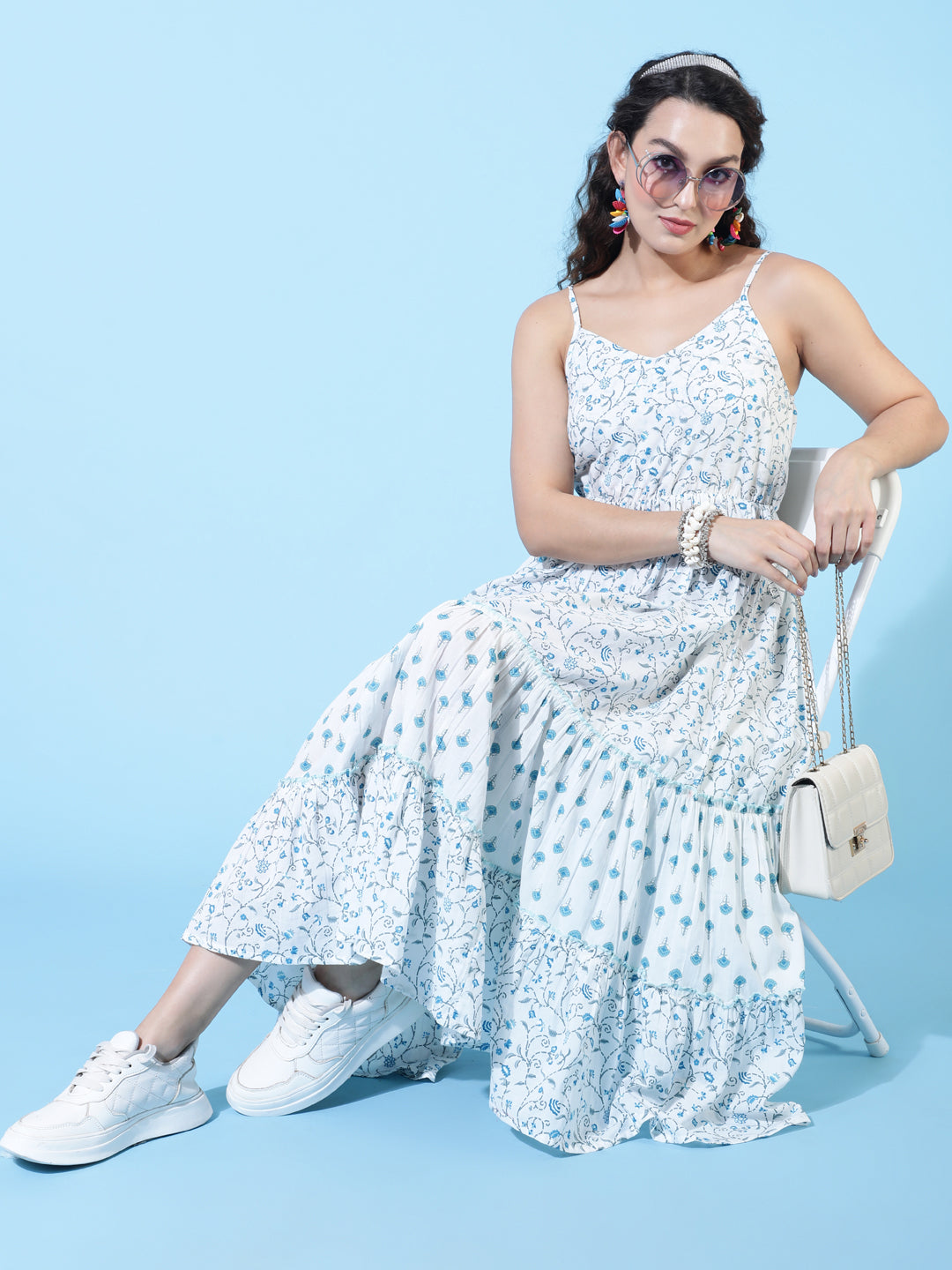 Cotton Calf Length Printed Flared Strappy Sleeves V-Neck Dress