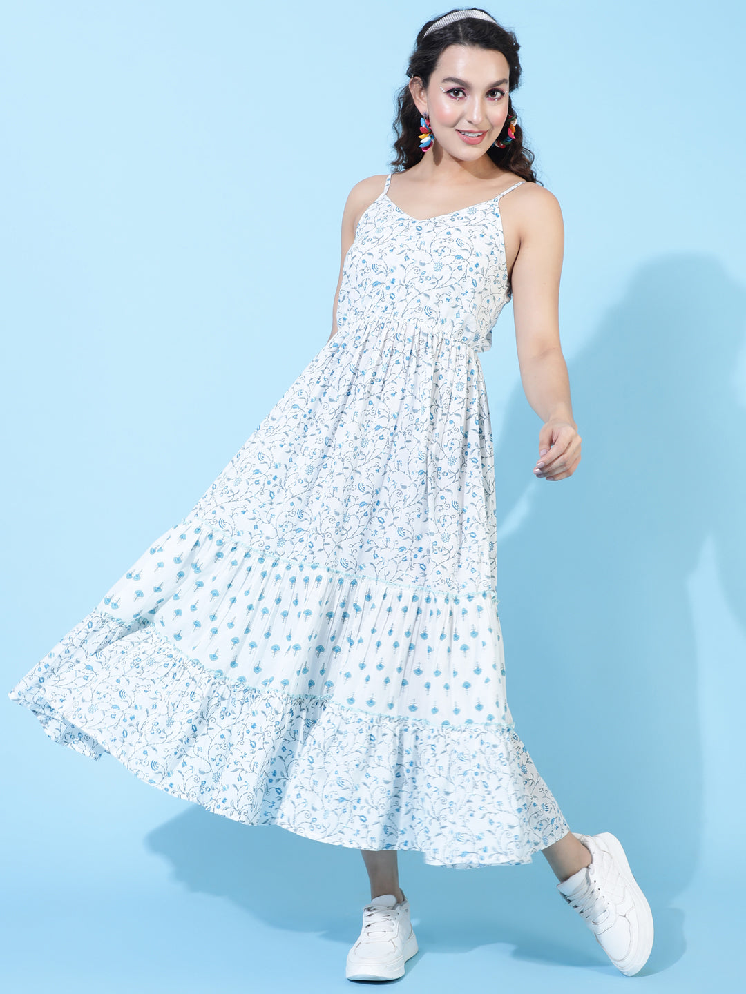 Cotton Calf Length Printed Flared Strappy Sleeves V-Neck Dress