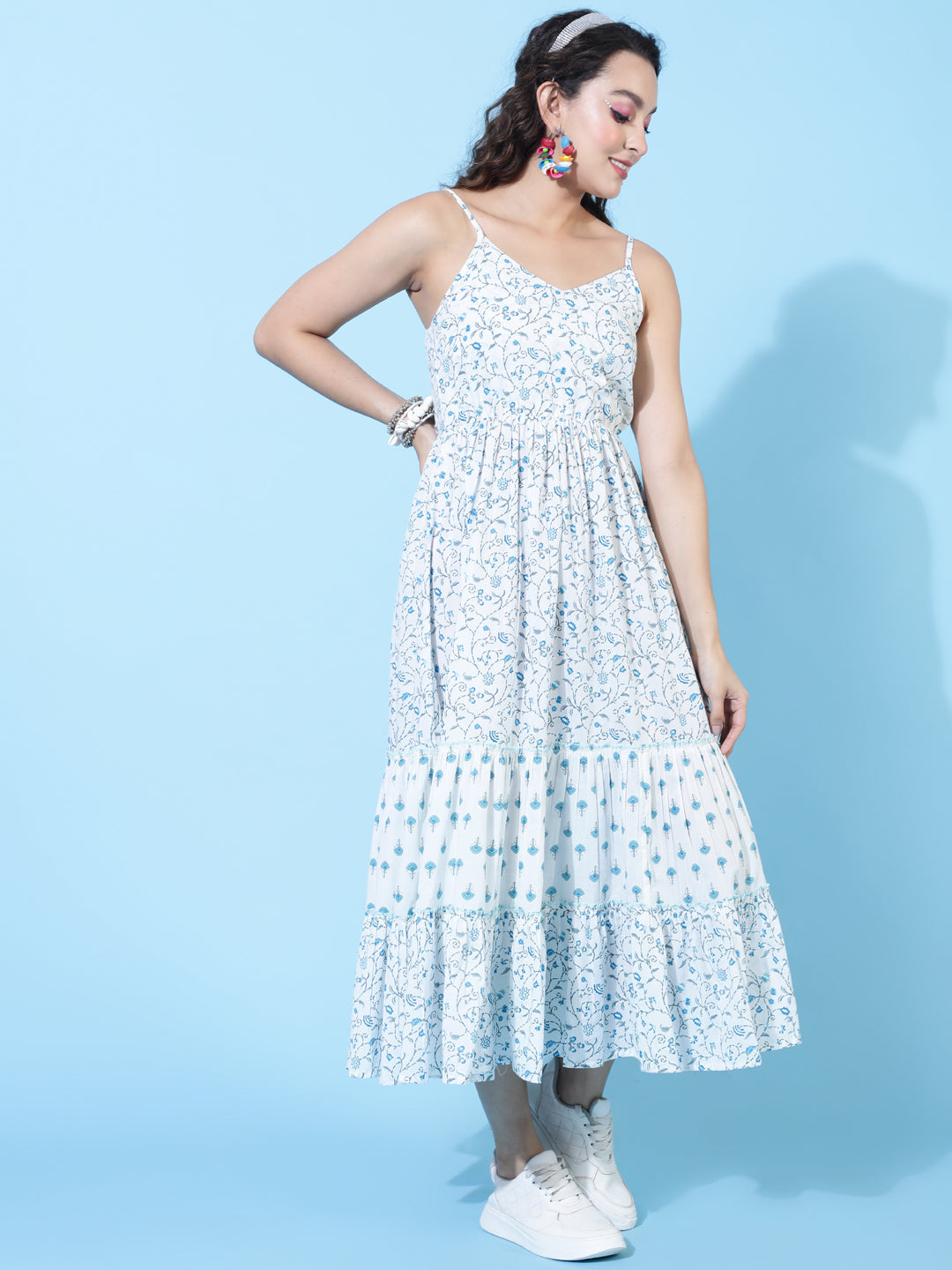 Cotton Calf Length Printed Flared Strappy Sleeves V-Neck Dress