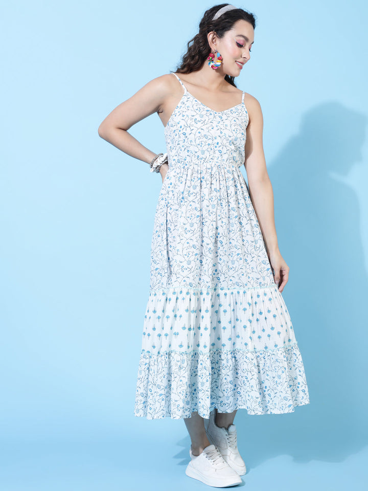 Cotton Calf Length Printed Flared Strappy Sleeves V-Neck Dress