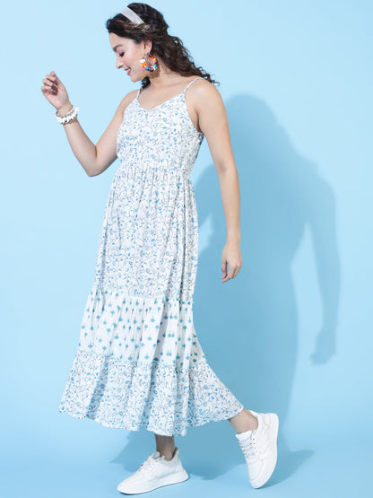 Cotton Calf Length Printed Flared Strappy Sleeves V-Neck Dress