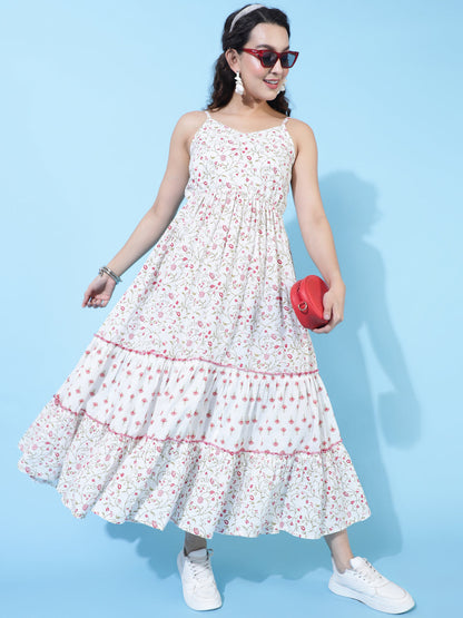 Cotton Calf Length Printed Flared Strappy Sleeves V-Neck Dress