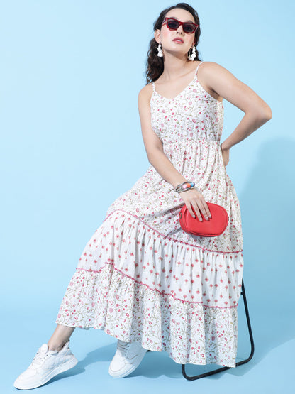 Cotton Calf Length Printed Flared Strappy Sleeves V-Neck Dress