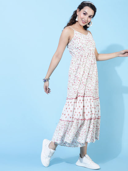 Cotton Calf Length Printed Flared Strappy Sleeves V-Neck Dress