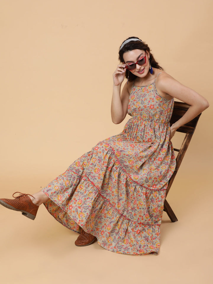 Cotton Calf Length Printed Flared Strappy Sleeves Square Neck Dress