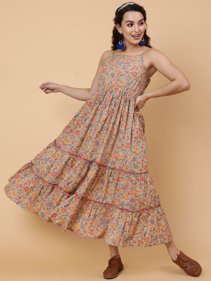Cotton Calf Length Printed Flared Strappy Sleeves Square Neck Dress