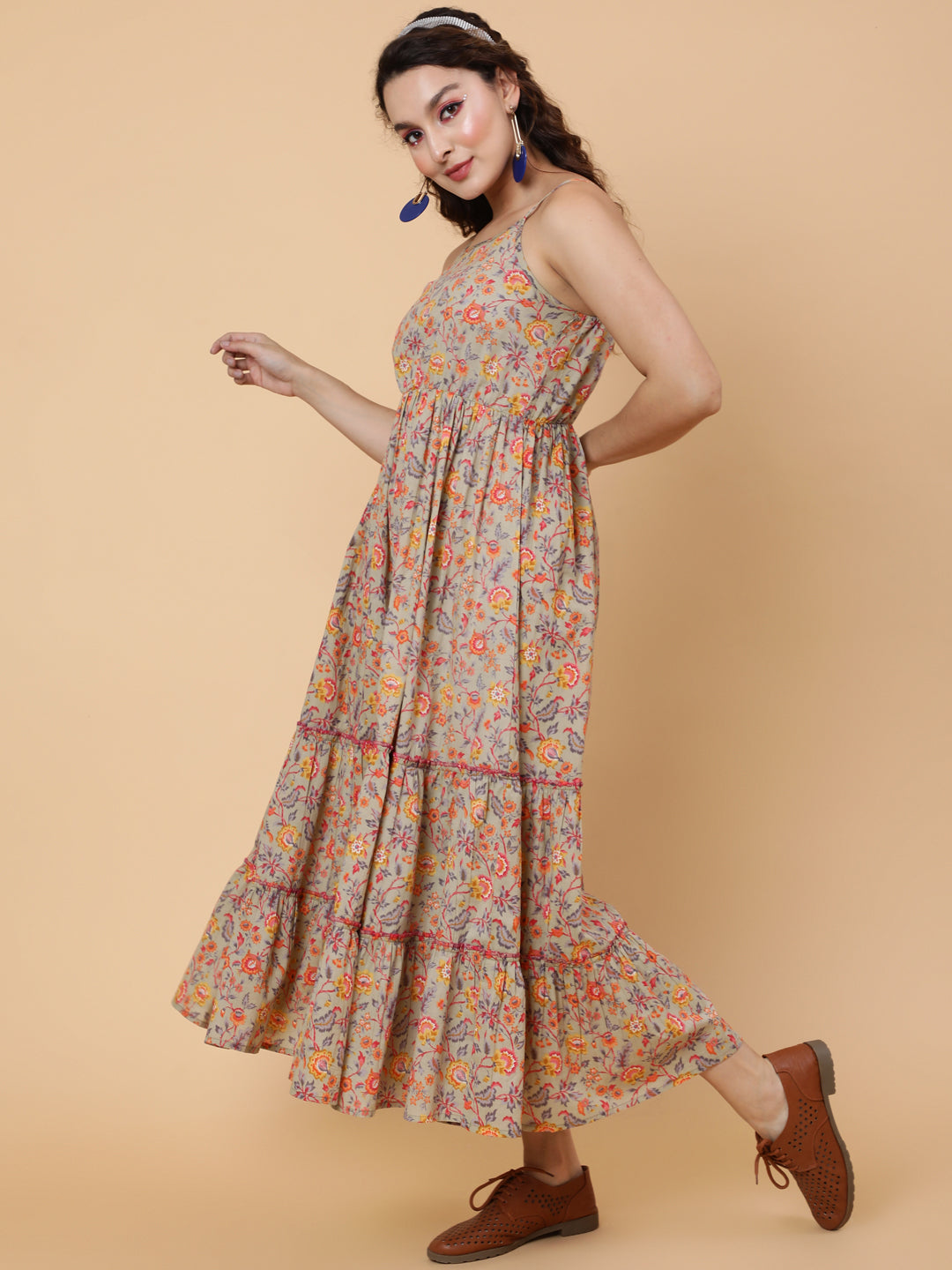 Cotton Calf Length Printed Flared Strappy Sleeves Square Neck Dress