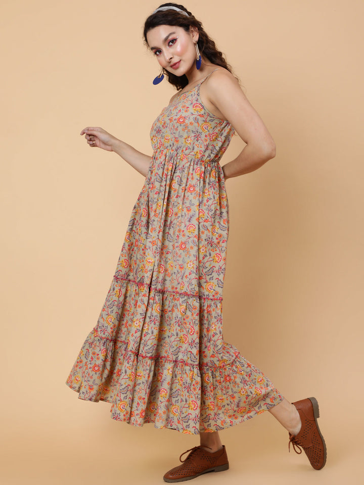 Cotton Calf Length Printed Flared Strappy Sleeves Square Neck Dress