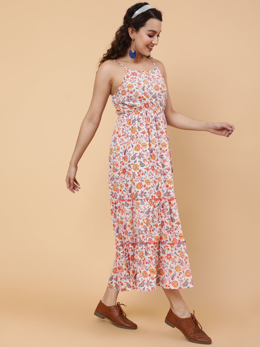 Cotton Calf Length Printed Flared Strappy Sleeves Square Neck Dress
