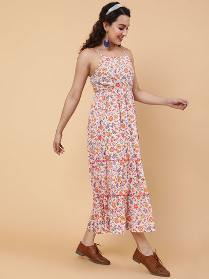 Cotton Calf Length Printed Flared Strappy Sleeves Square Neck Dress