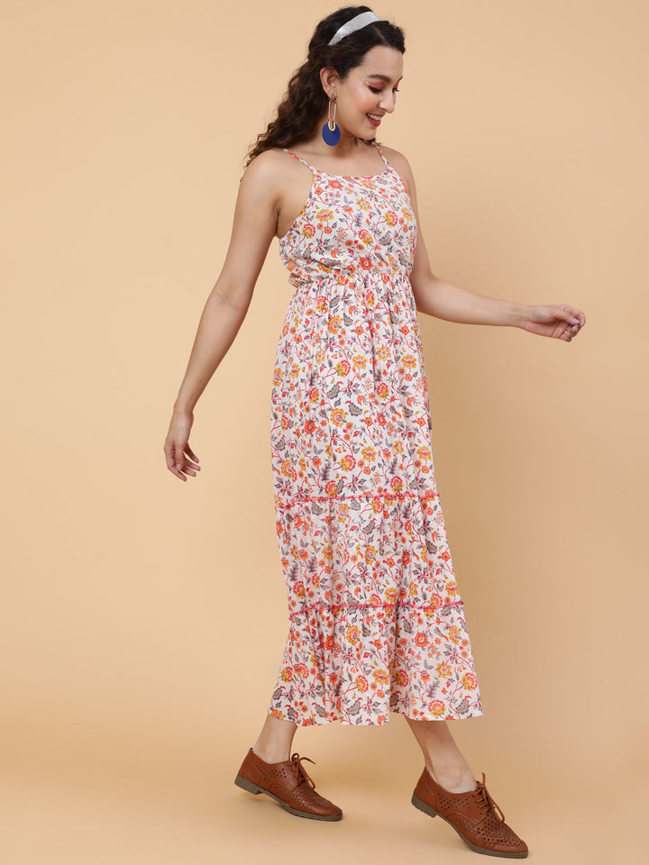 Cotton Calf Length Printed Flared Strappy Sleeves Square Neck Dress