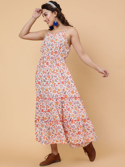 Cotton Calf Length Printed Flared Strappy Sleeves Square Neck Dress