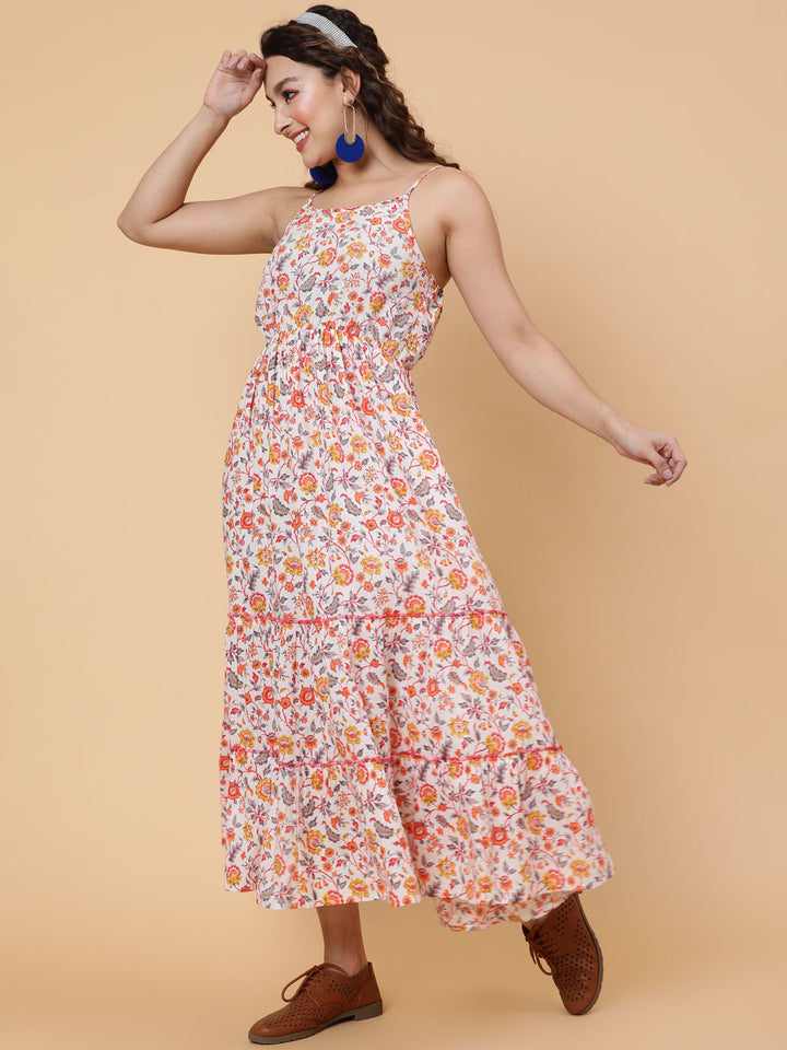 Cotton Calf Length Printed Flared Strappy Sleeves Square Neck Dress
