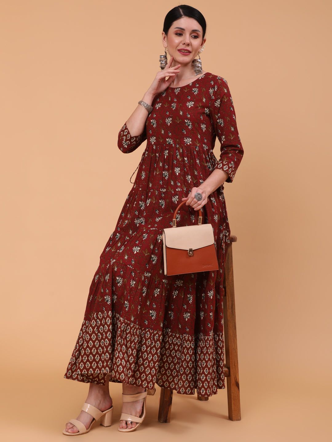 Cotton Ankle Length Printed Flared 3/4 Sleeve Round Neck Dress