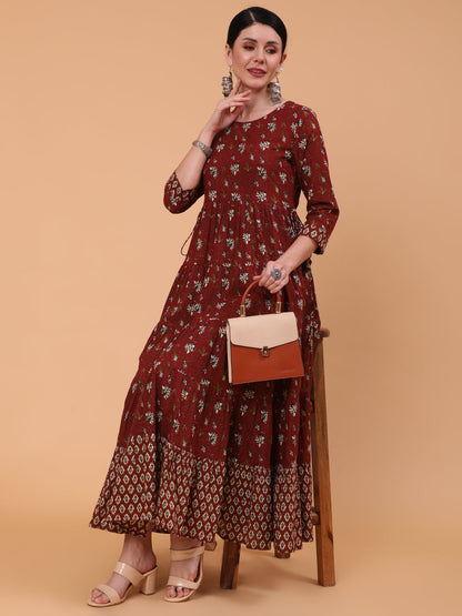 Cotton Ankle Length Printed Flared 3/4 Sleeve Round Neck Dress
