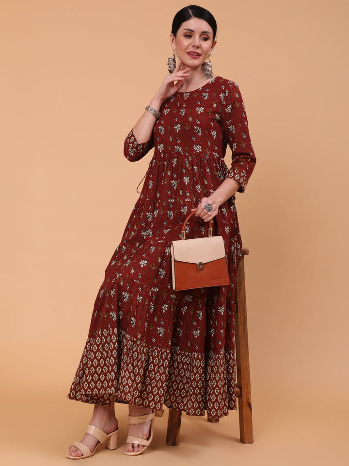 Cotton Ankle Length Printed Flared 3/4 Sleeve Round Neck Dress