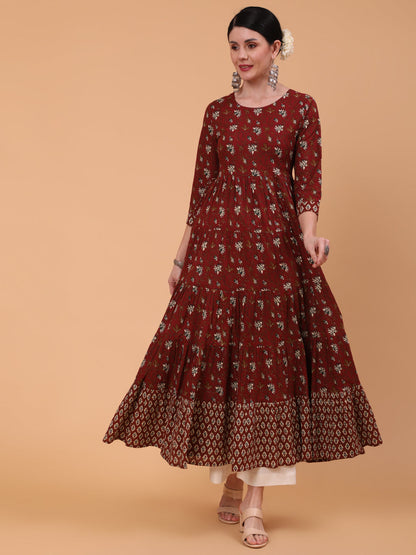 Cotton Ankle Length Printed Flared 3/4 Sleeve Round Neck Dress