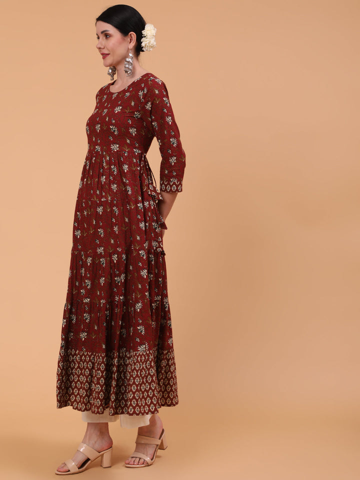 Cotton Ankle Length Printed Flared 3/4 Sleeve Round Neck Dress